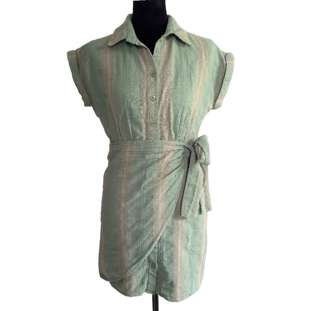 Sage Green Striped Wrap Tie Waist Button Front Dress XS Cottagecore Travel Linen - Picture 2 of 10